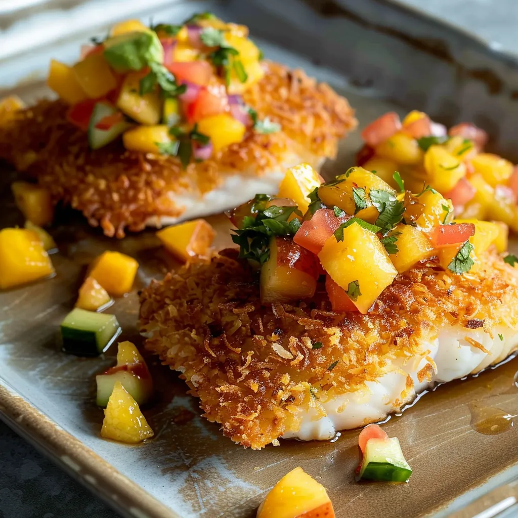 Délicieux poisson croustillant à la noix de coco avec mangue