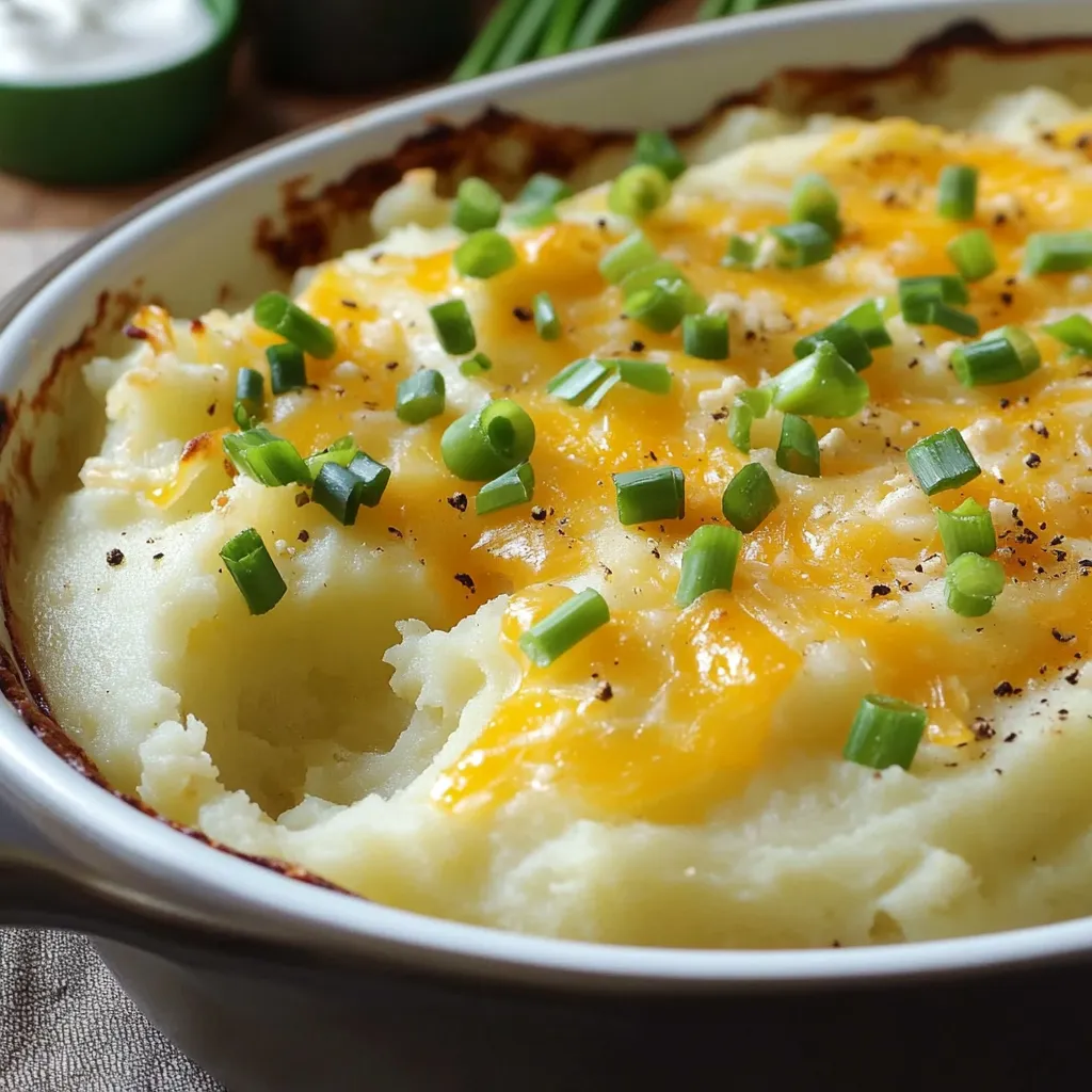 Plat gratiné de pommes de terre écrasées, crème et cheddar fondu