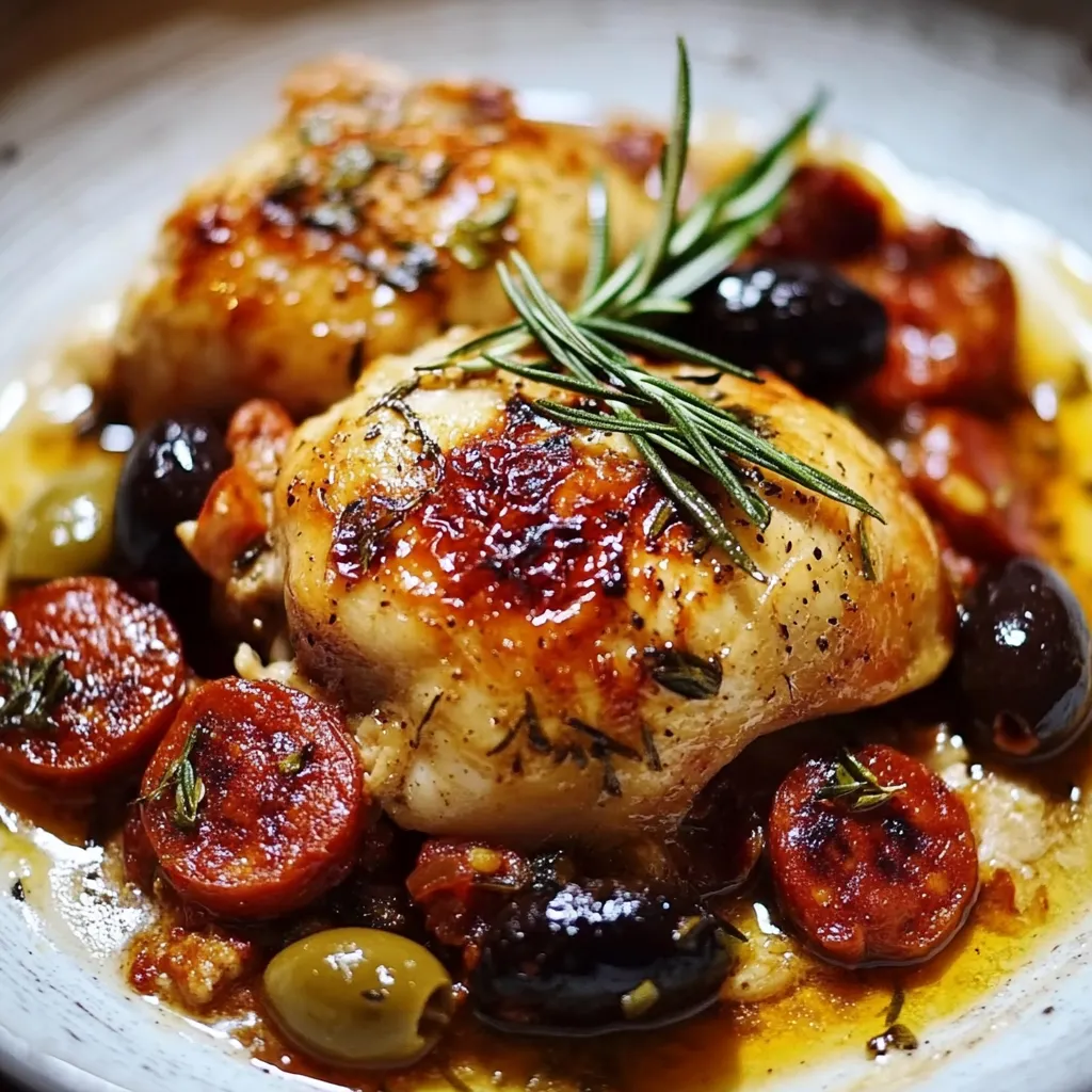 Poulet savoureux au chorizo, romarin et olives