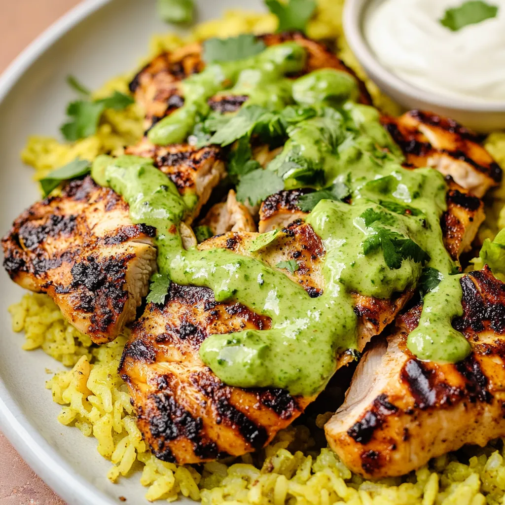 Poulet mariné avec riz jaune et onctueuse sauce verte