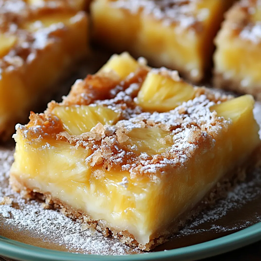 carrés d'ananas faciles avec base croustillante et crème de fruits, prêts à déguster