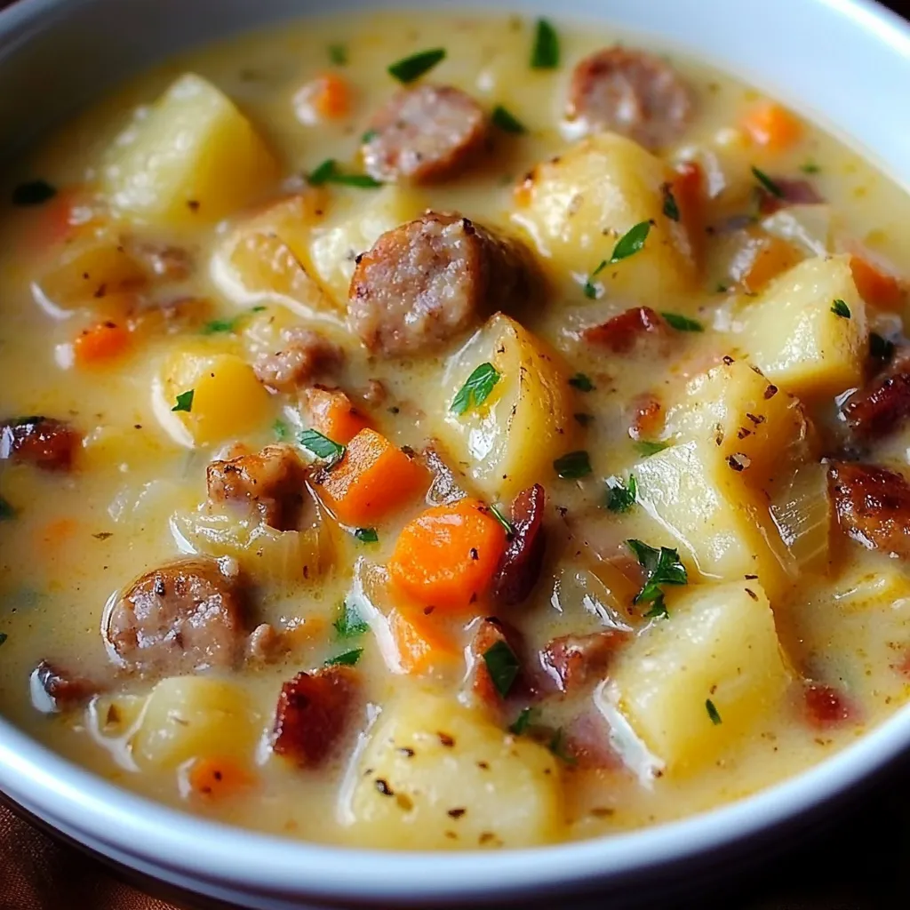 Soupe pommes de terre saucisses - plat familial chaleureux