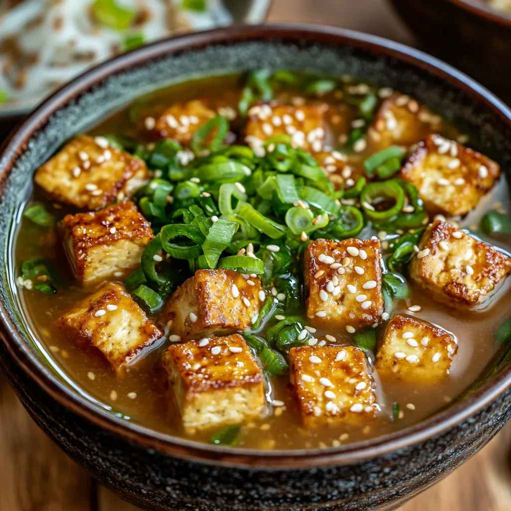 Bol de soupe miso-gingembre et tofu croustillant, facile à préparer