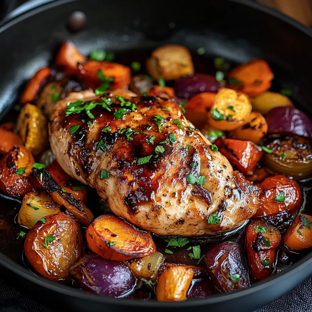 plat unique avec poulet tendre et légumes grillés au balsamique