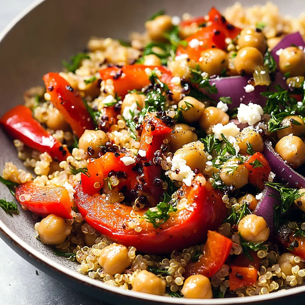 Un plat plein de saveur avec poivrons rouges rôtis, quinoa et pois chiches croquants