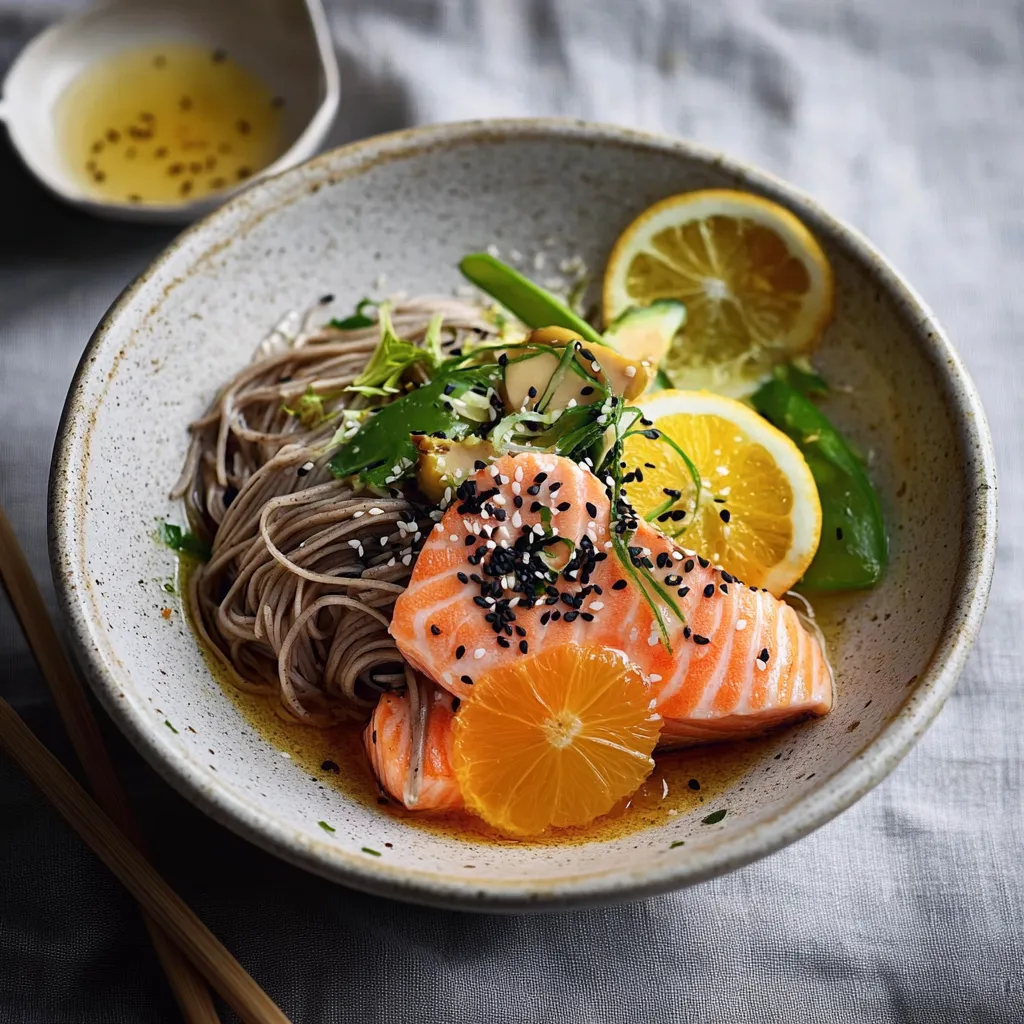 Soba saumon haricots verts sauce agrumes gingembre