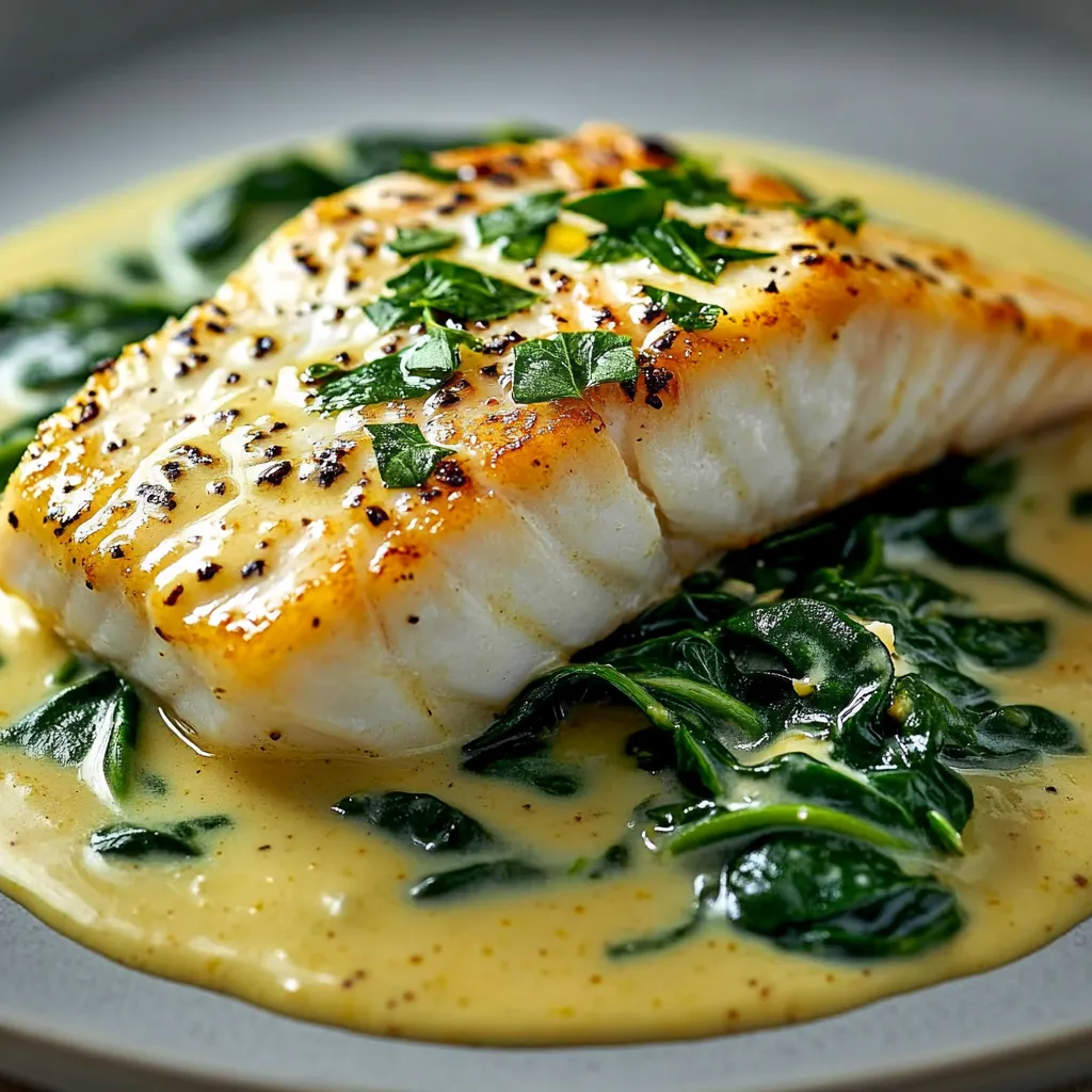 Poisson fumé posé sur ses épinards fondants et sa sauce crème moutarde