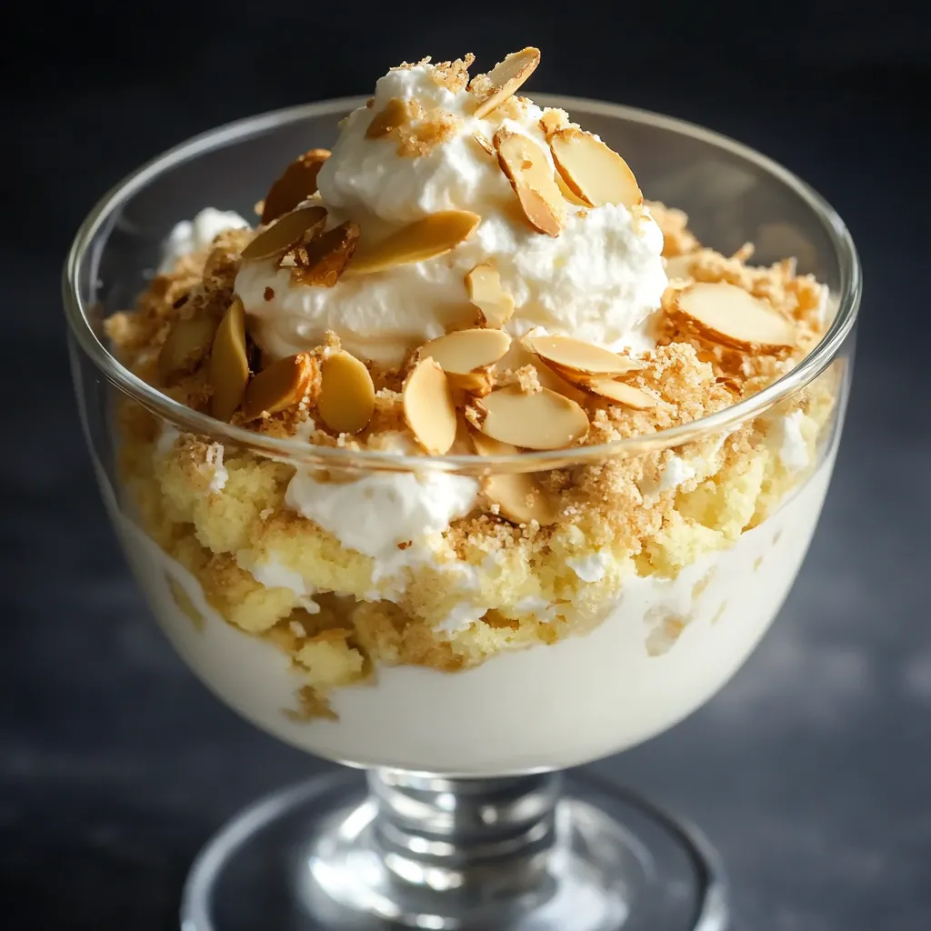 Un dessert tout doux à base de crème, whisky et biscuits, surmonté d’amandes croquantes.