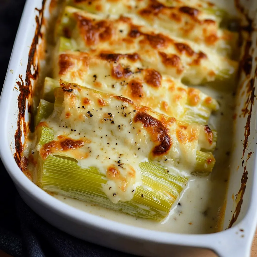 Poireaux bien moelleux au beurre nappés de béchamel et gratinés au Comté avec un voile d'emmental.