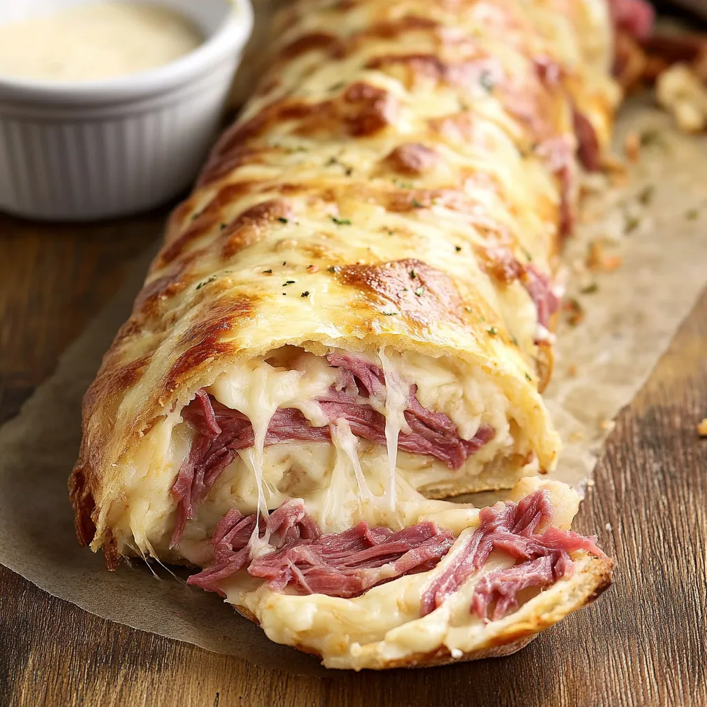 Savoureux mélange dans un stromboli au bœuf, fromage suisse et chou