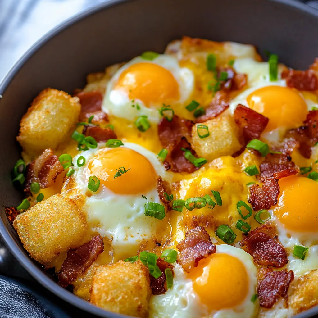 Totchos croustillants bacon œufs fromage sur poêle