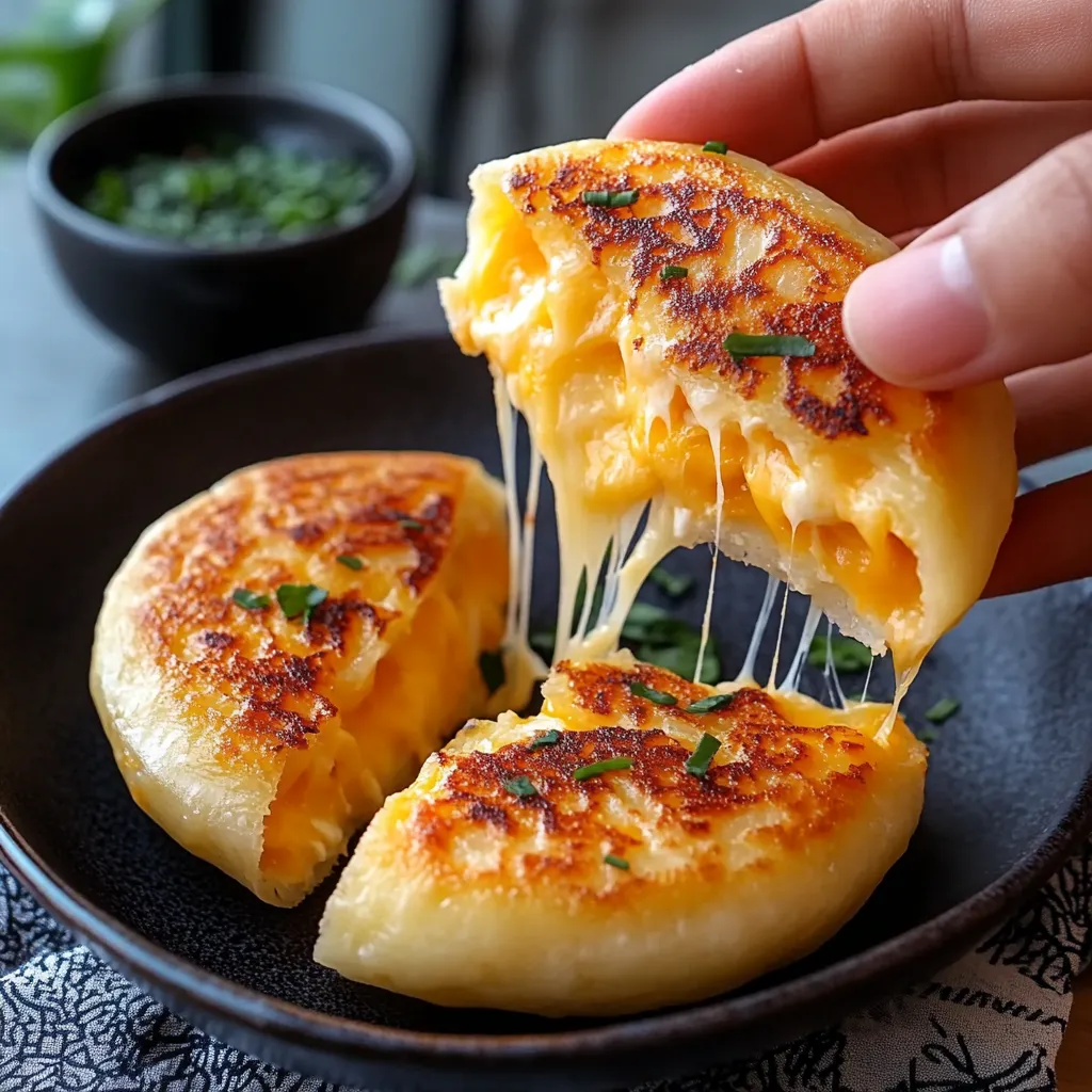 Hotteok coréens garnis de fromage bien fondant en sortie de poêle