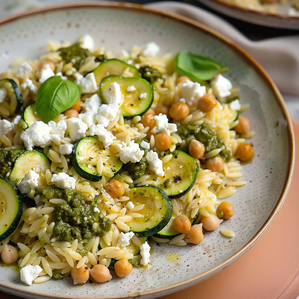 Orzo, courgettes, pesto et feta fondante