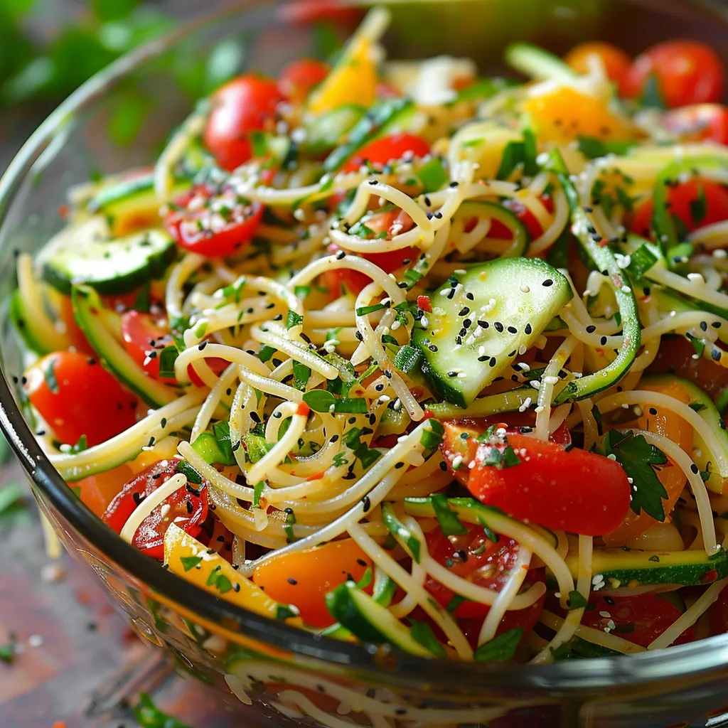 Salade italienne rafraîchissante aux spaghettis avec plein de légumes croquants