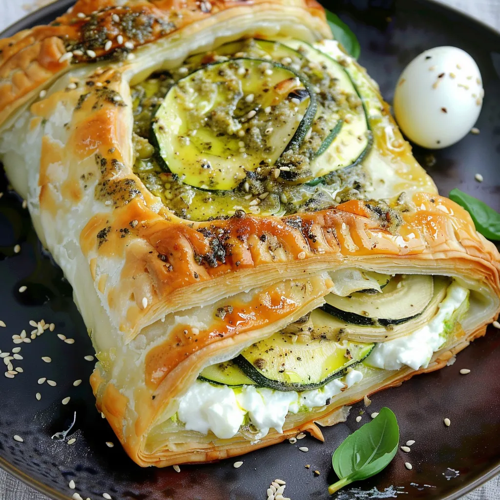 Feuilleté courgettes pesto burrata