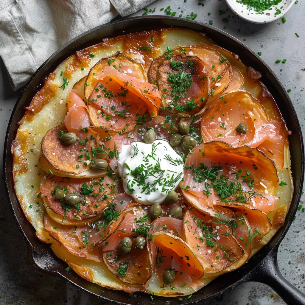 Galette pommes de terre ultra croustillante, saumon fumé et crème fraîche