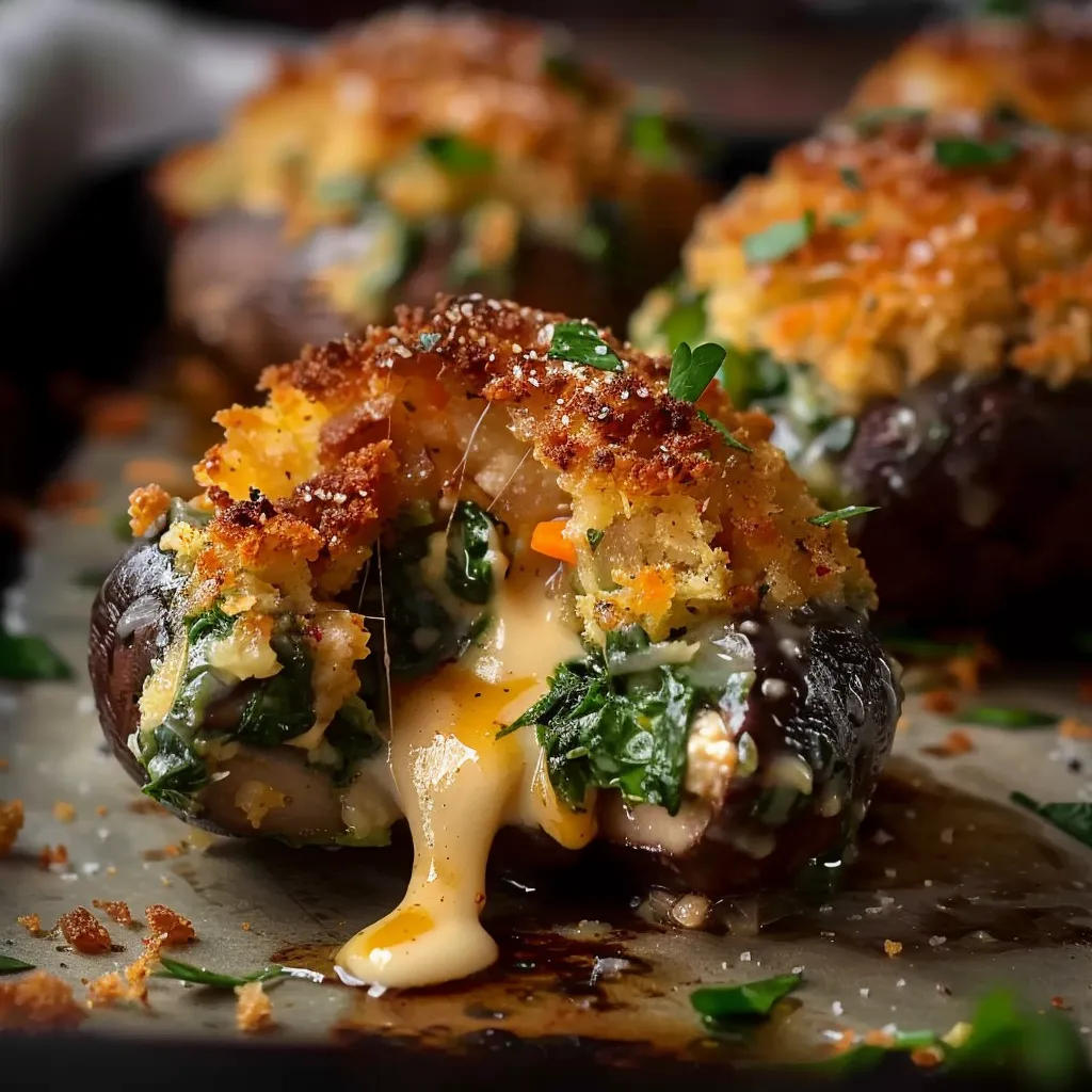 Délicieux champignons végétariens farcis au fromage et épinards fraichement cuits