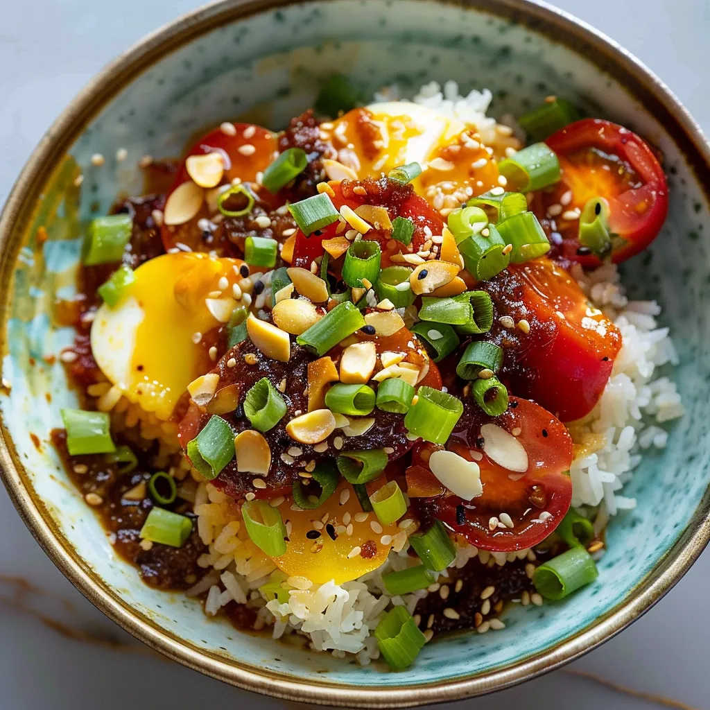 Bol de tomates tamari sur riz croustillant ultra savoureux