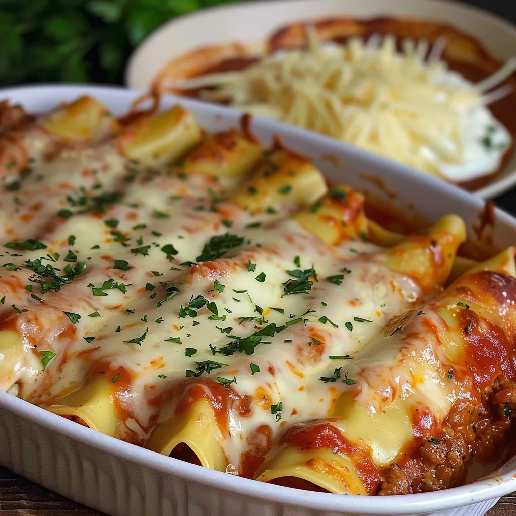 Tubes de cannelloni au bœuf nappés de sauce mozzarella fondante