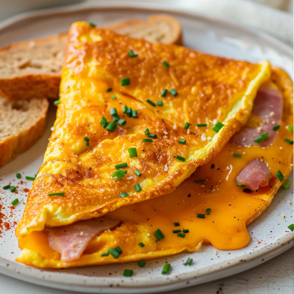 Omelette au jambon et fromage dorée et fondante