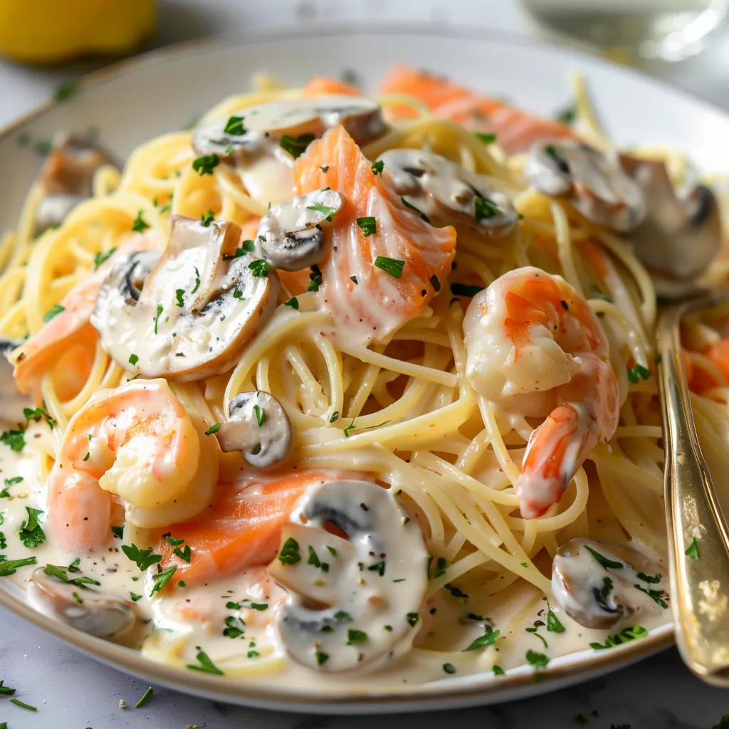 Assiette de spaghettis au saumon et crevettes, citron et touche de persil