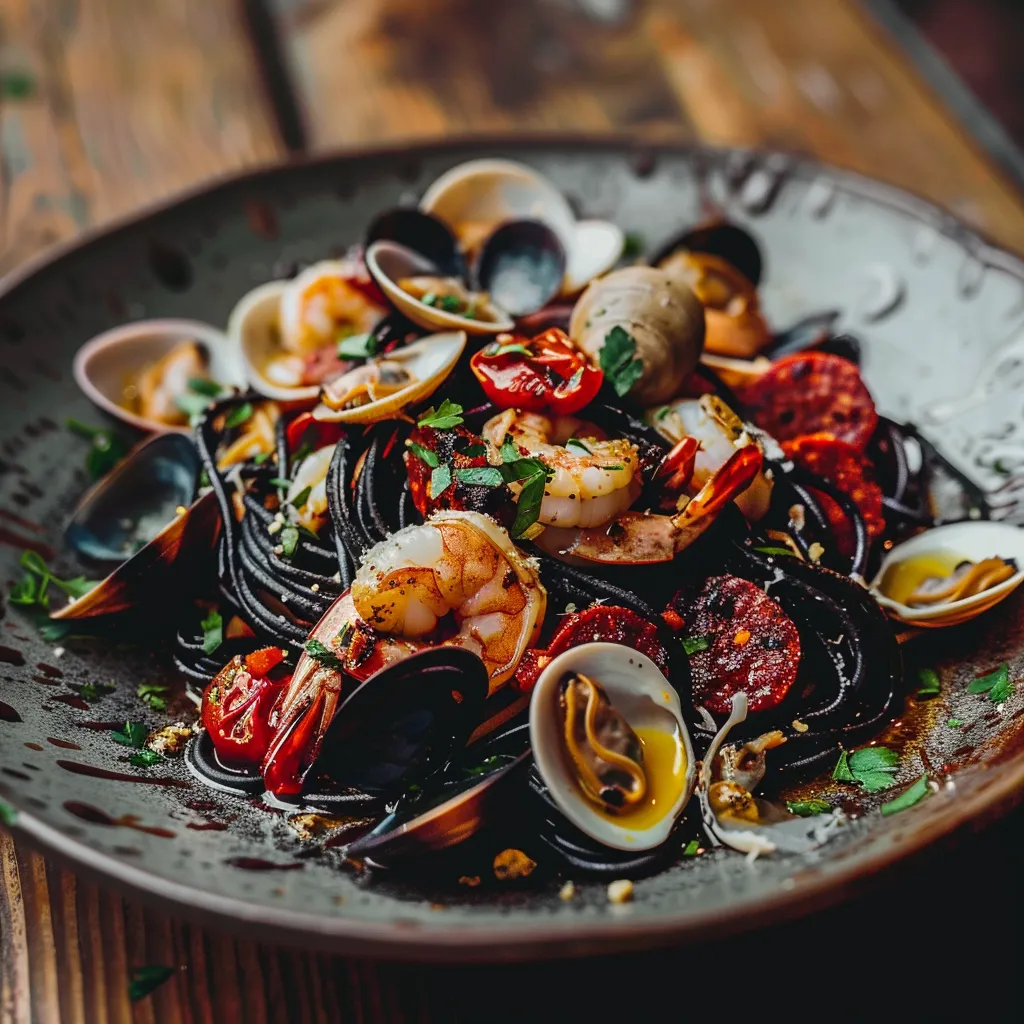 Spaghettis noirs palourdes chorizo