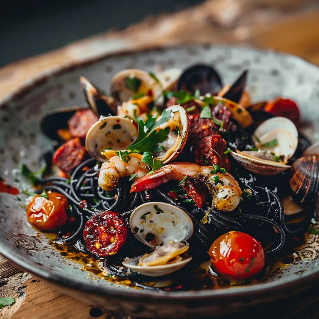 Prépare des spaghettis noirs avec chorizo et fruits de mer