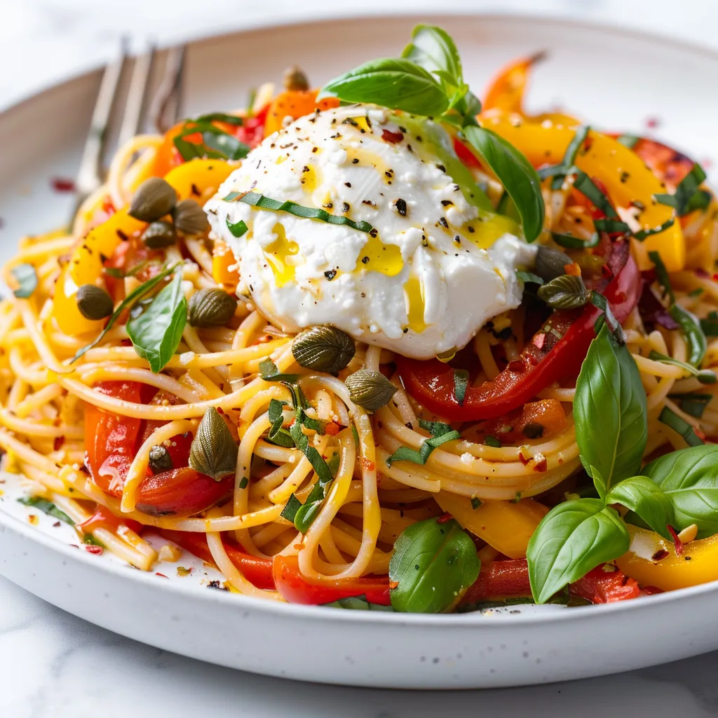 Assiette de spaghetti colorée à la burrata et câpres