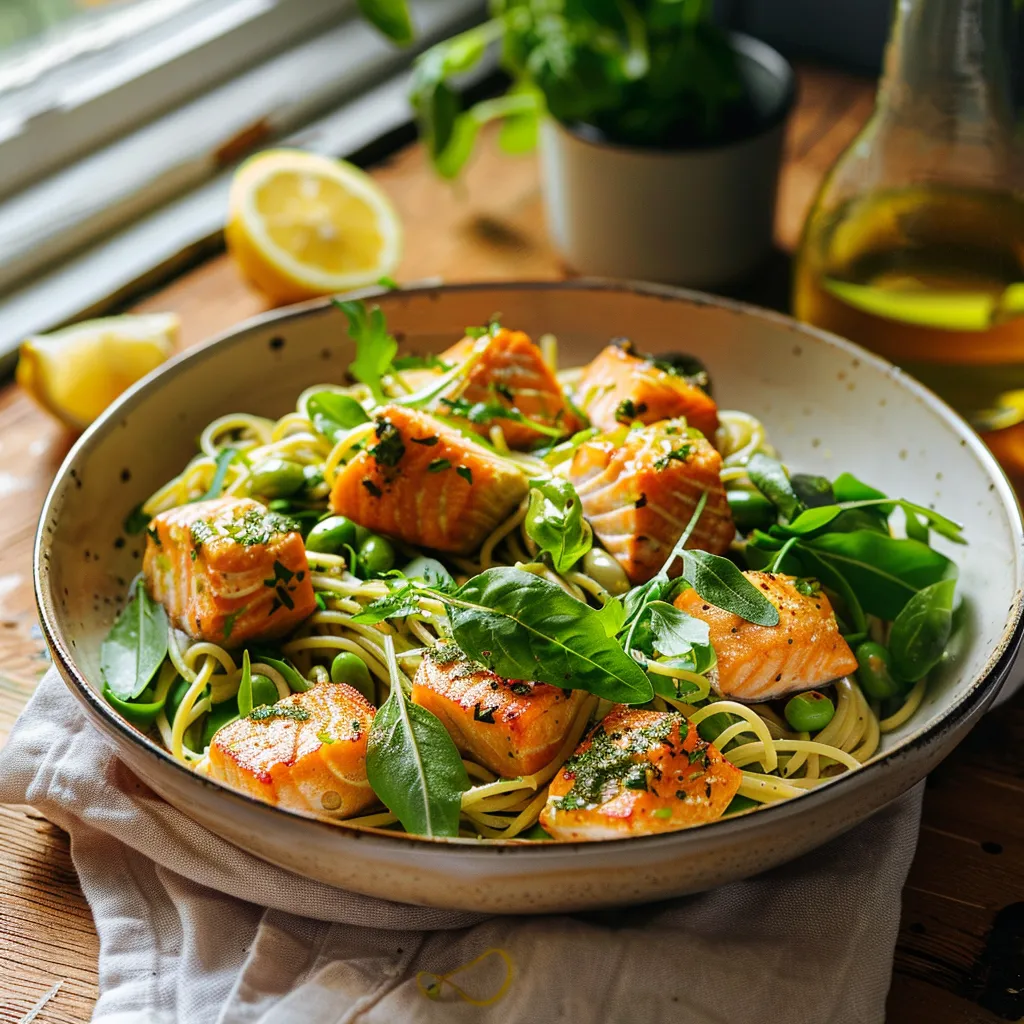 Un plat tout simple de spaghettis avec du saumon, des fèves et de la roquette