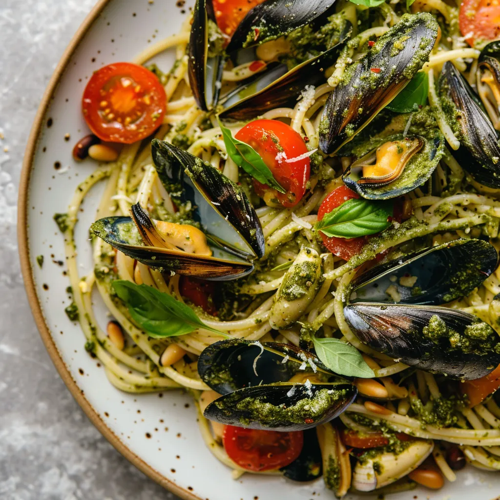 Faites des spaghettis aux coquillages et pesto maison