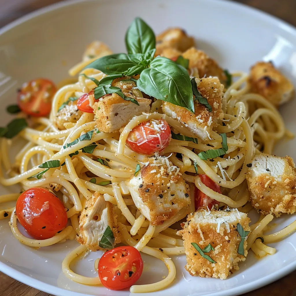 Spaghettis, légumes du soleil, dinde panée, parmesan et basilic