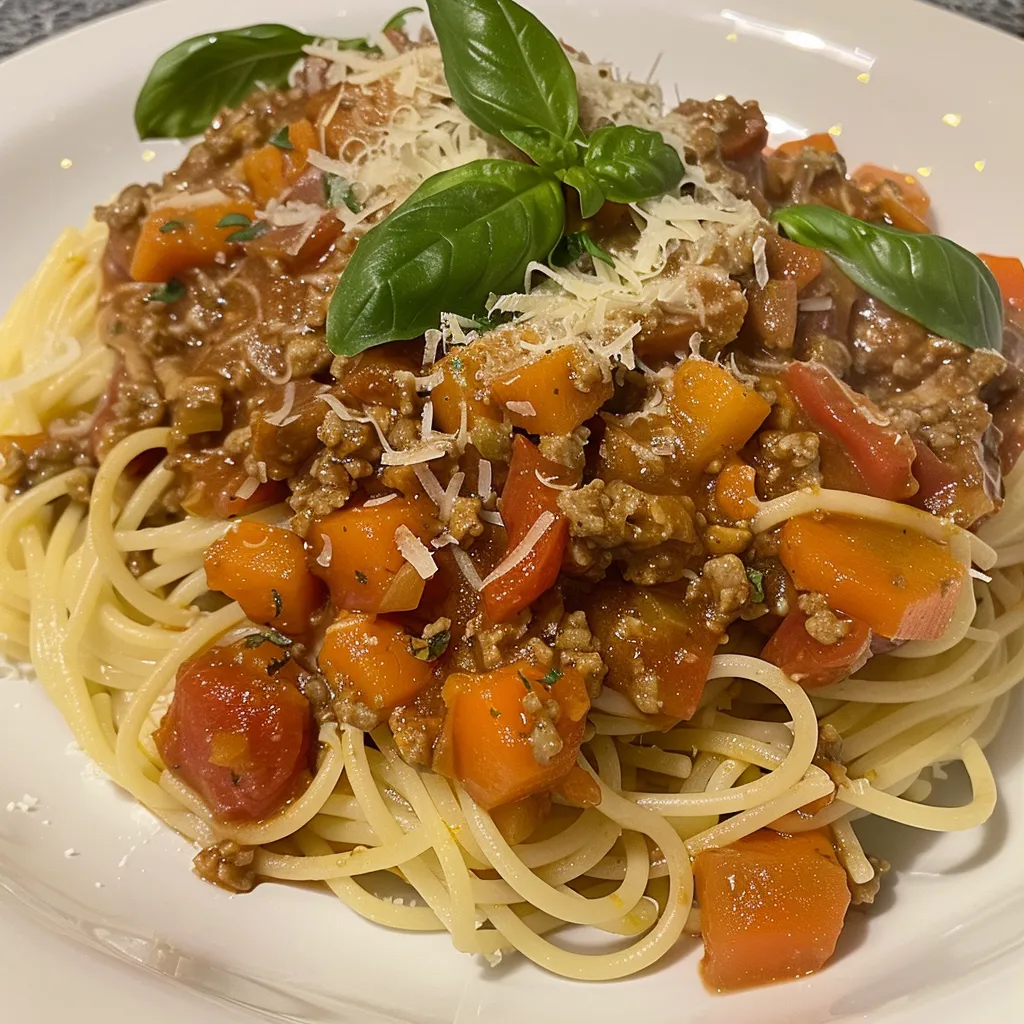 Bolognaise au porc savoureuse avec spaghettis et légumes