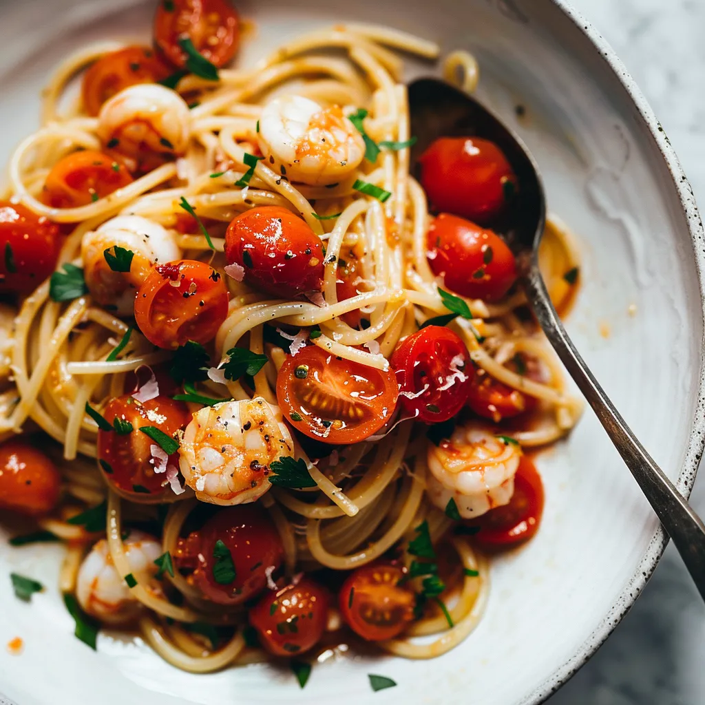 Préparez des spaghettis aux langoustines délicieux et parfumés aux tomates confites