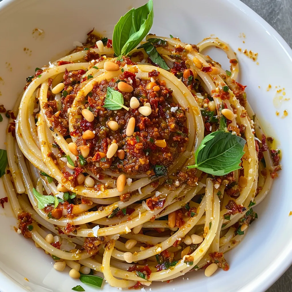 Spaghettis savoureux pesto tomate basilic pignons