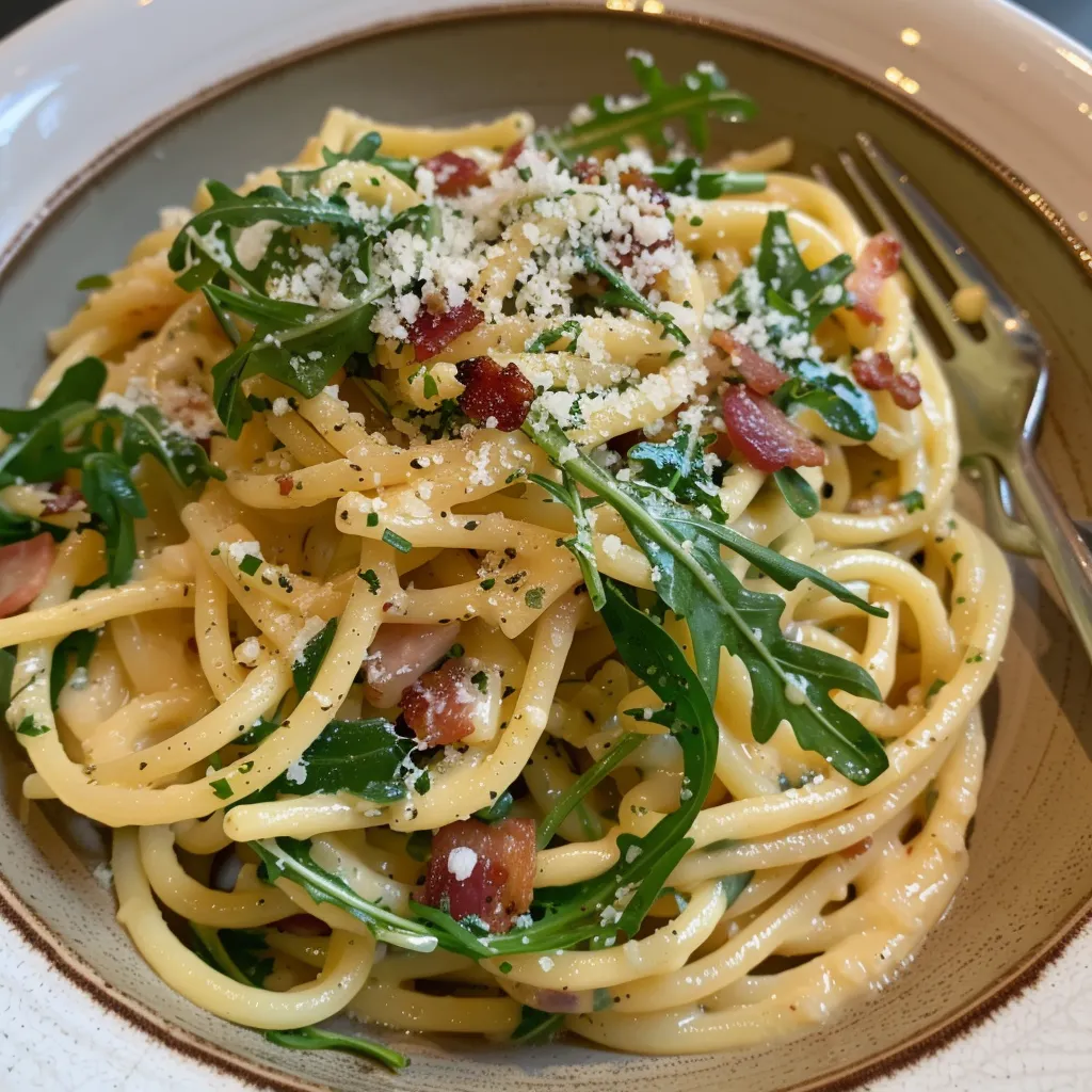 Spaghettis carbonara roquette maison