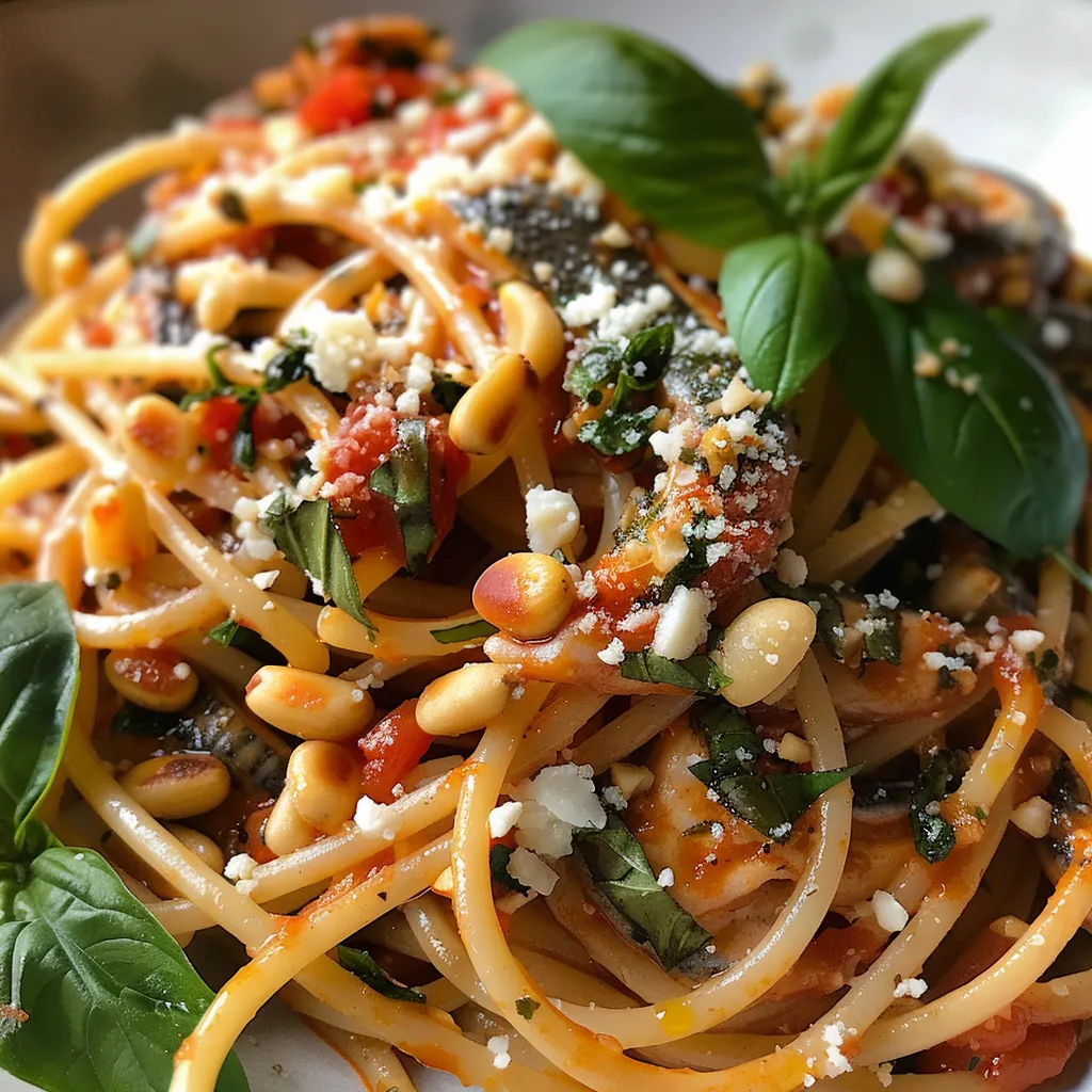 Spaghettis aux sardines et pignons croustillants