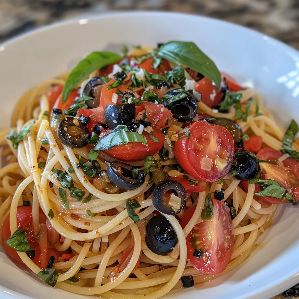 Délicieux spaghettis avec tomates, olives et basilic frais