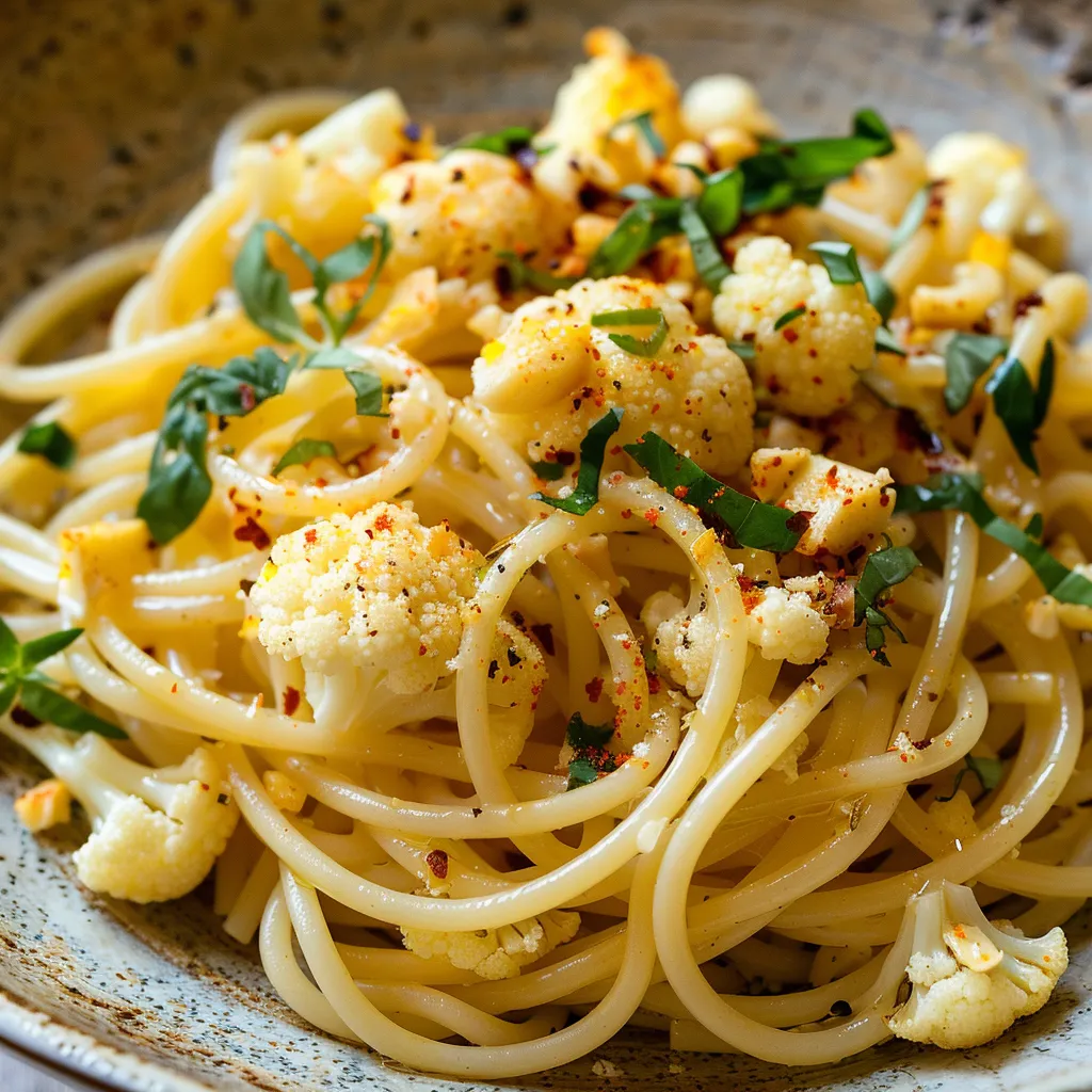 Spaghettis au chou-fleur et ail doré