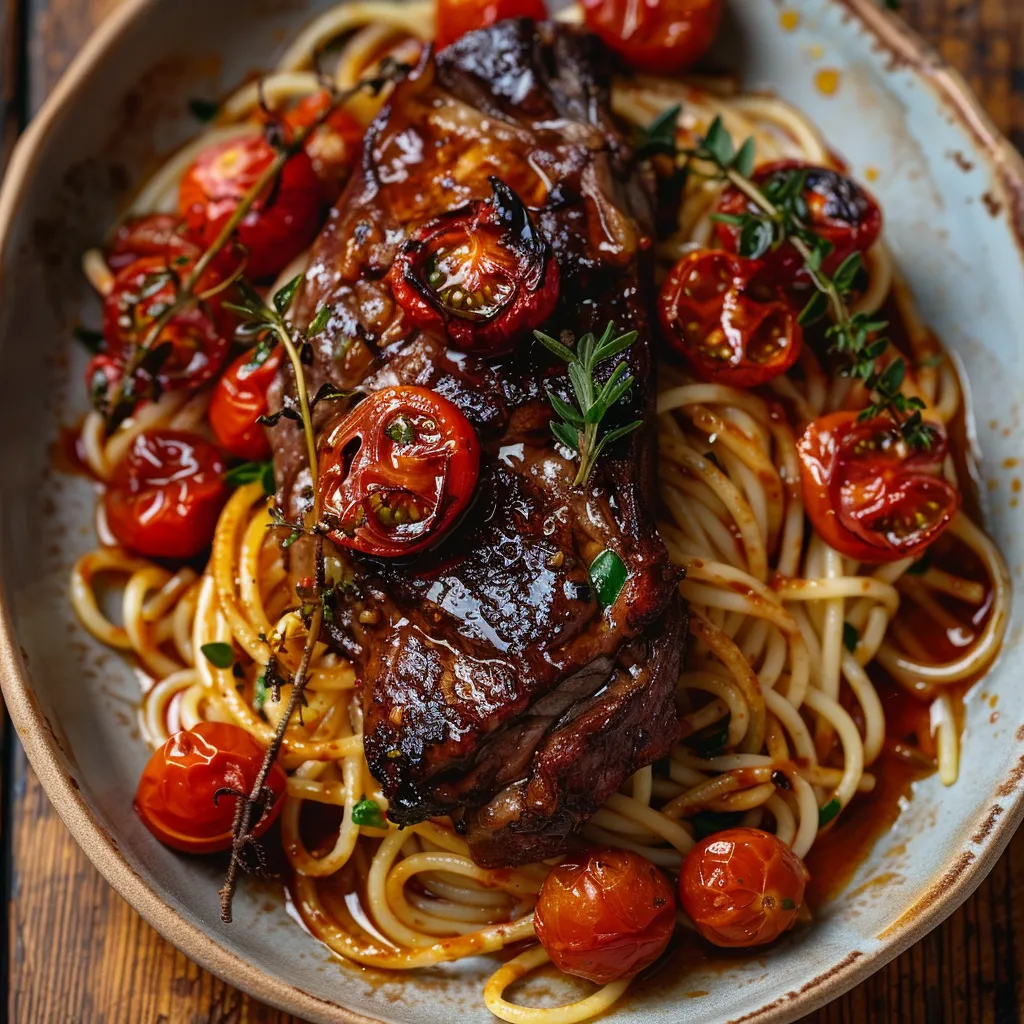 Spaghettis caramélisés épaule d’agneau miel