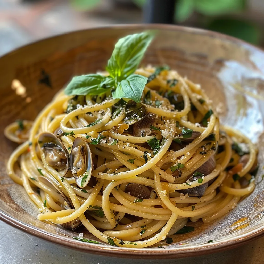 Spaghettis, tellines et basilic frais