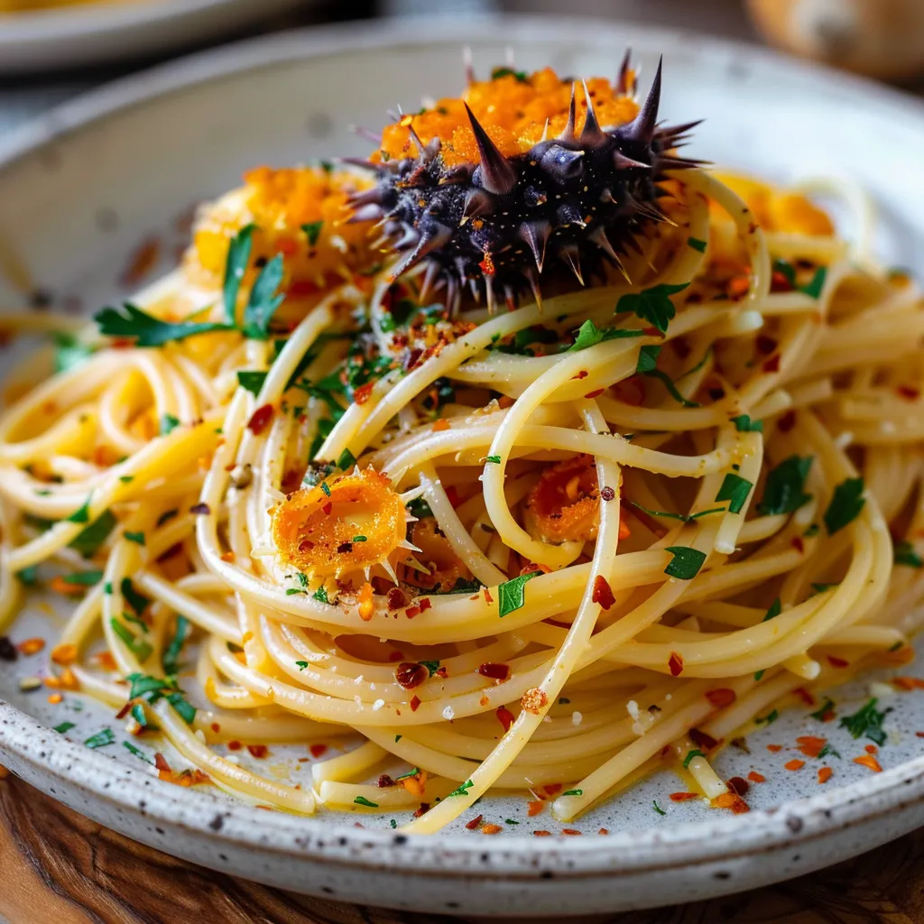 Spaghettis gourmands aux oursins et notes méditerranéennes