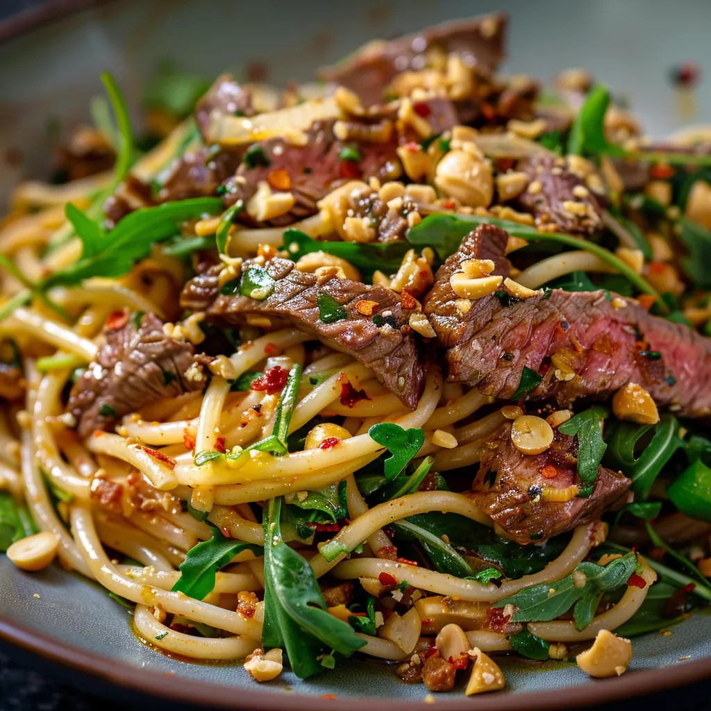 Plat de bœuf et cacahuètes avec spaghettis