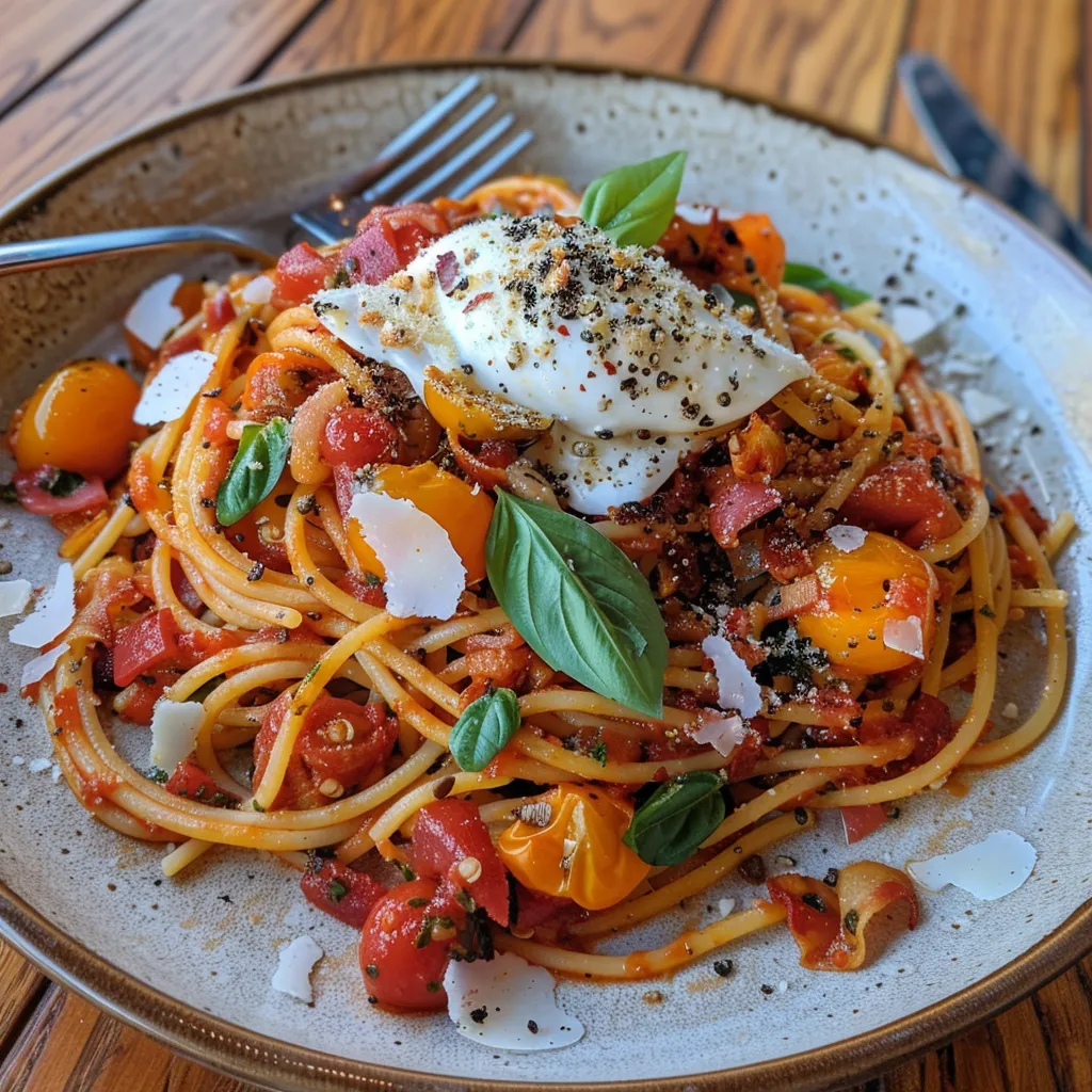 Spaghetti avec tomates cerises et guanciale croustillant, un vrai plaisir gourmand