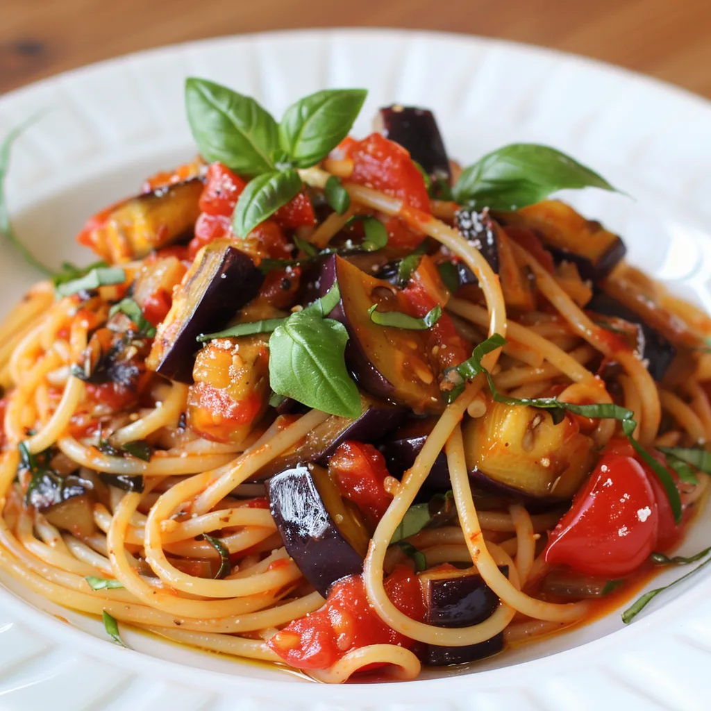 Spaghettis aux légumes méditerranéens et basilic