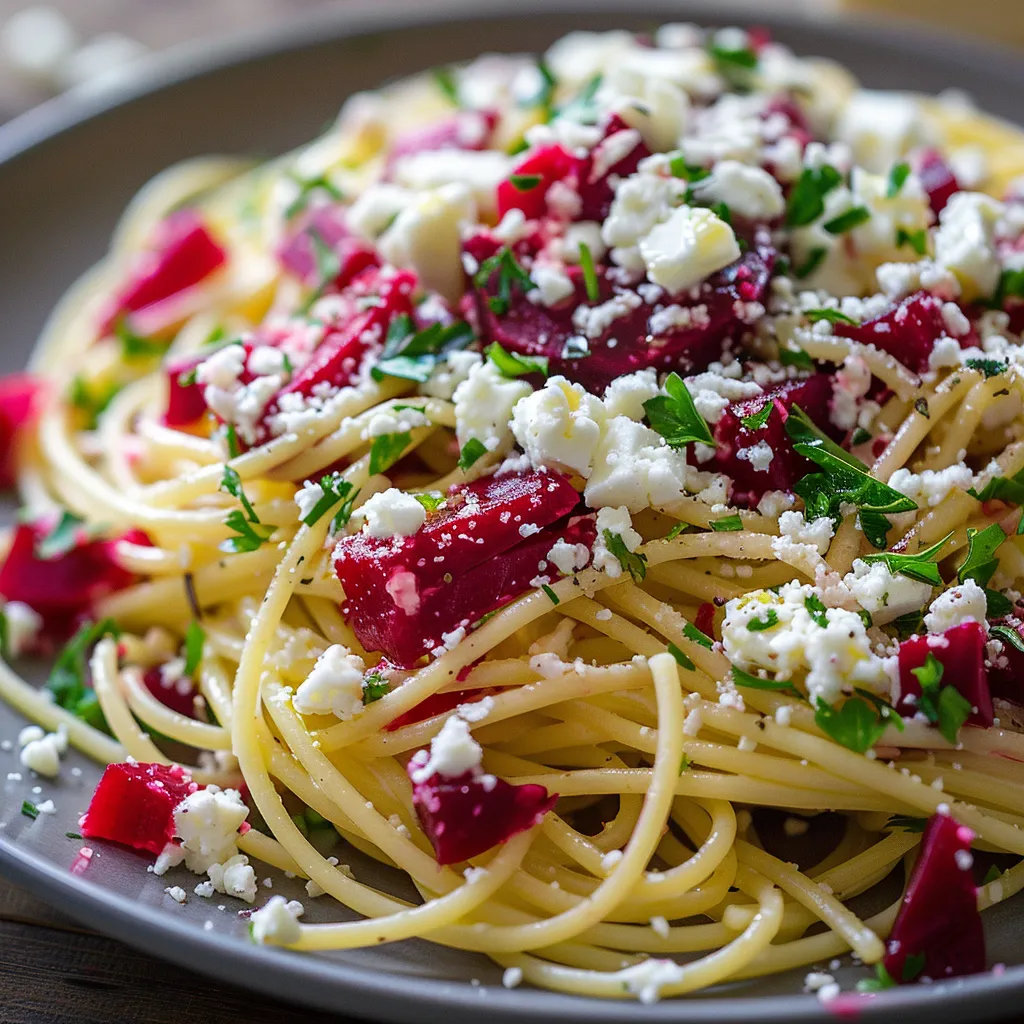 Spaghettis féta betterave ultra gourmand