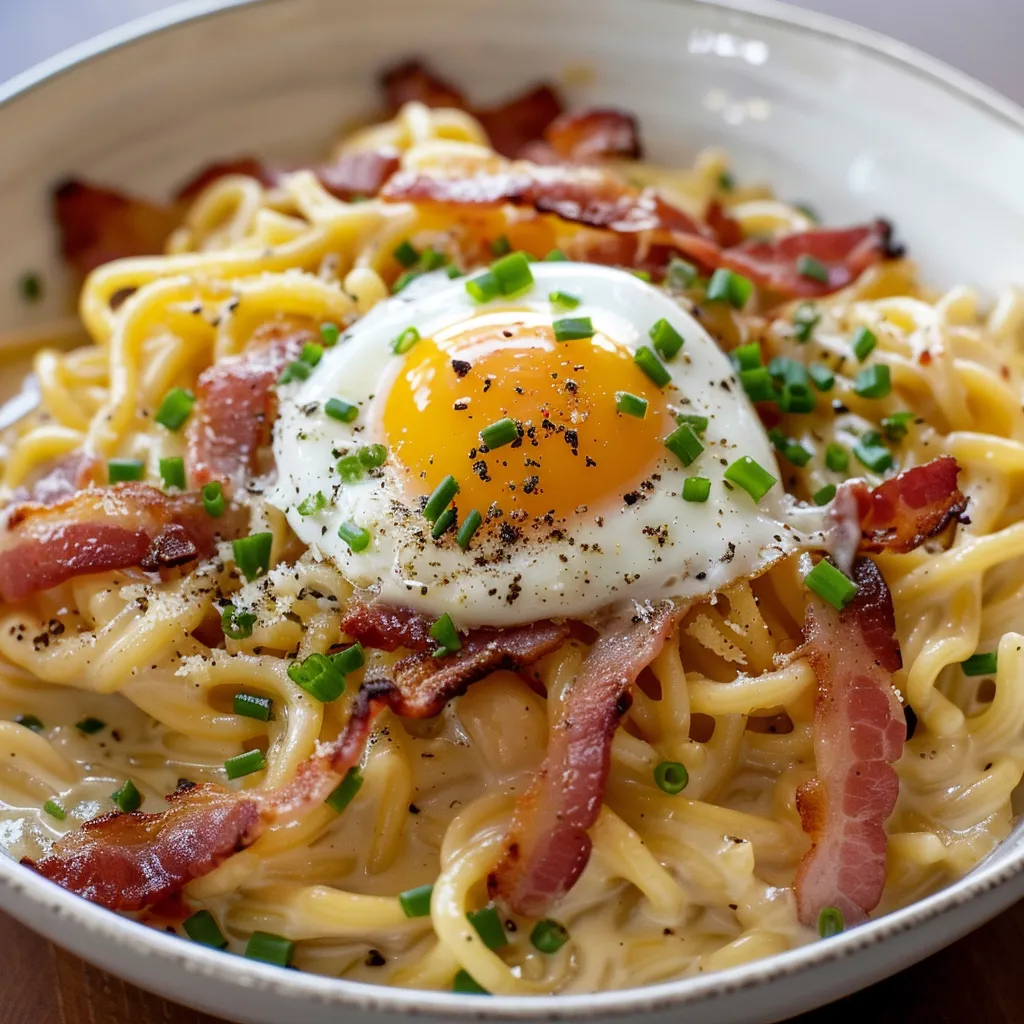 Nouilles ramen à la carbonara, bacon et bière