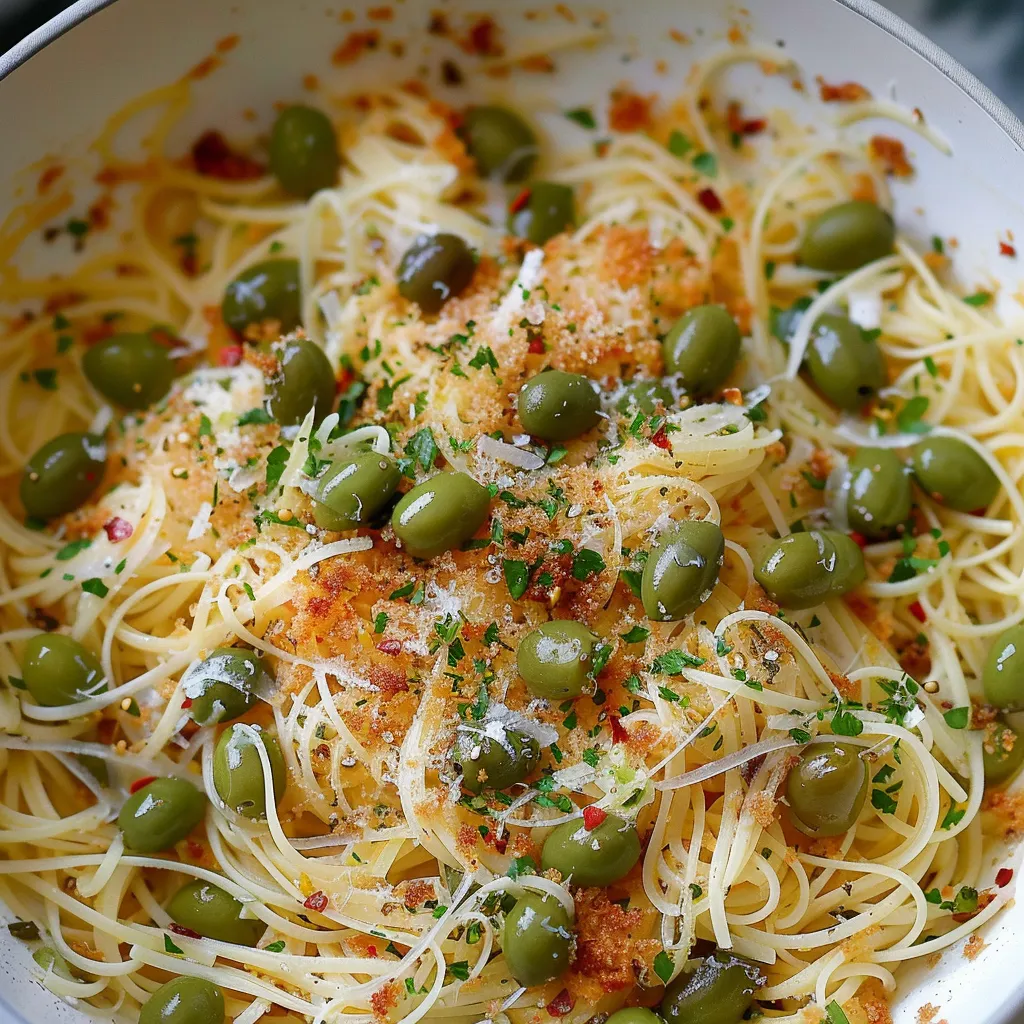Capellini moelleux aux olives vertes et chapelure croquante