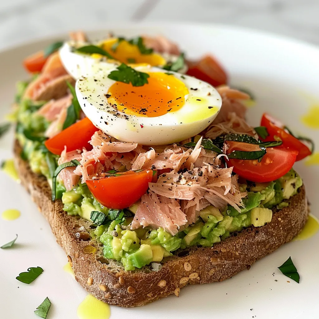 Bruschetta ultra gourmande thon avocat œuf coulant