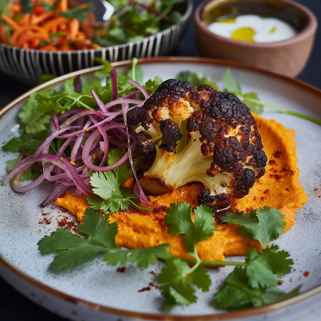 Un joli plat de chou-fleur, purée épicée et salade verte