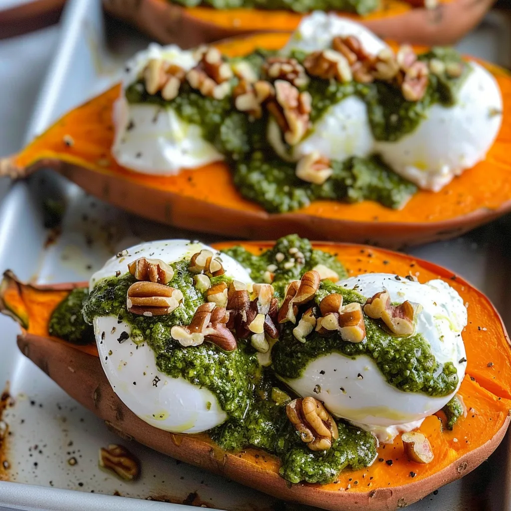 Patates douces garnies de burrata, noix toastées et pesto à la sauge bien parfumé